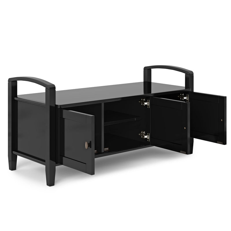 Handcrafted Warm Shaker entryway storage bench by Simpli-Home with a wooden finish and cushioned seat for seating and organization.