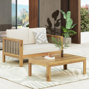Outdoor patio set with teak loveseat and coffee table in beige, 2-piece Noble House outdoor furniture for garden or patio.