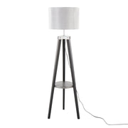 Lumi Source Compass mid-century modern floor lamp with built-in shelf, featuring a sleek design and a tall, adjustable lamp shade.