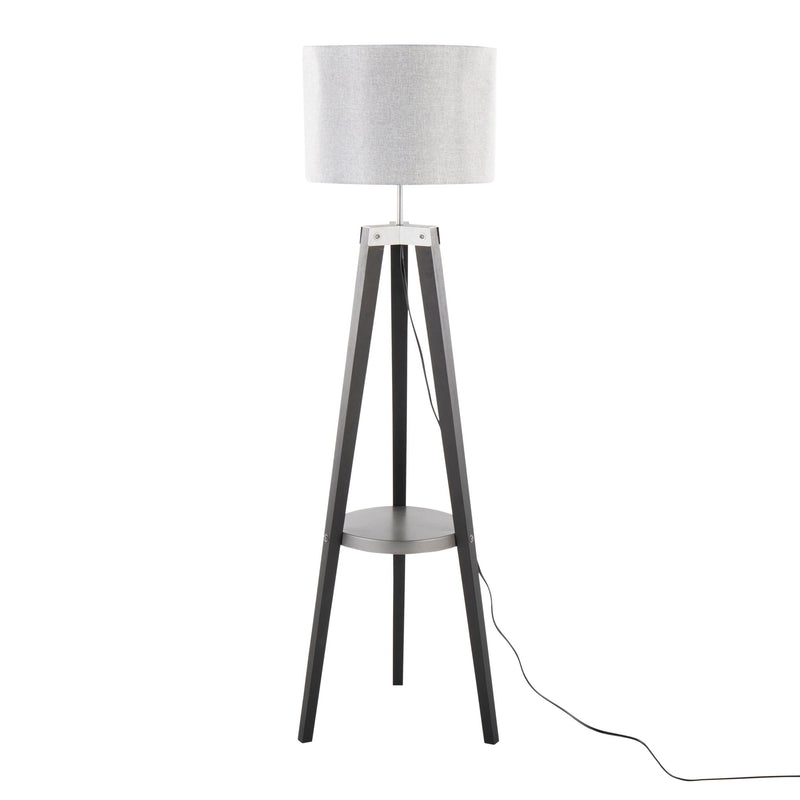 Lumi Source Compass mid-century modern floor lamp with built-in shelf, featuring a sleek design and a tall, adjustable lamp shade.