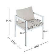 Set of two Noble House all-weather outdoor dining chairs with metal frames and cushioned seats, ideal for patio or garden use.