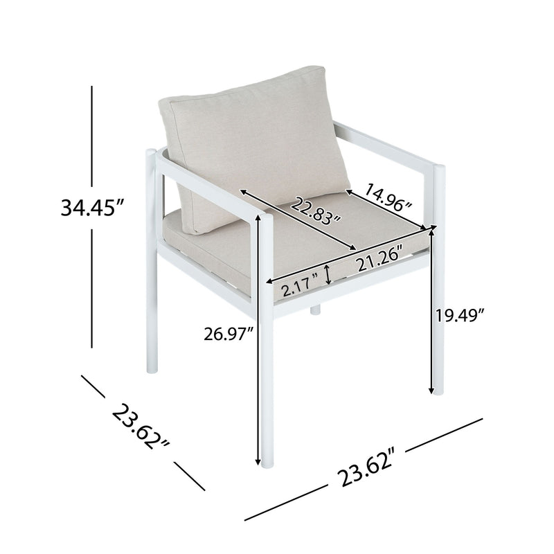 Set of two Noble House all-weather outdoor dining chairs with metal frames and cushioned seats, ideal for patio or garden use.