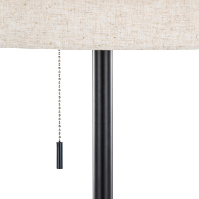 Lumi Source Tier contemporary floor lamp with sleek metal design and adjustable arm, standing on a modern living room floor.