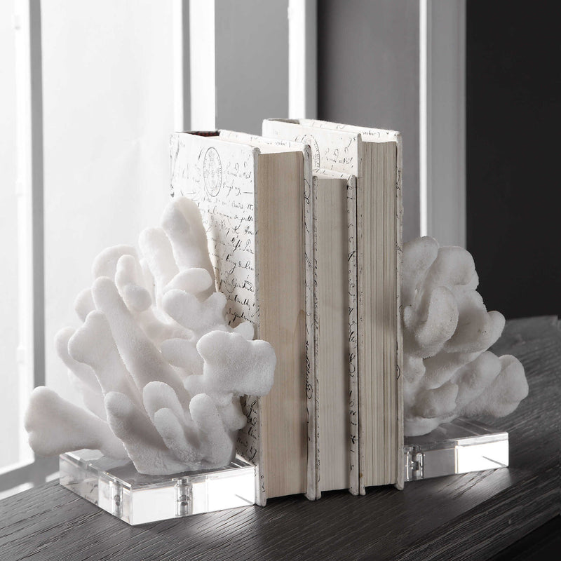 White Charbel bookends by Uttermost, set of 2, featuring modern rectangular design for stylish book organization.