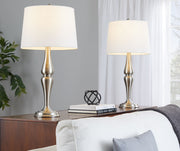 Lumi Source Sawyer contemporary table lamp set with nickel bases and white shades, modern lighting for living spaces.