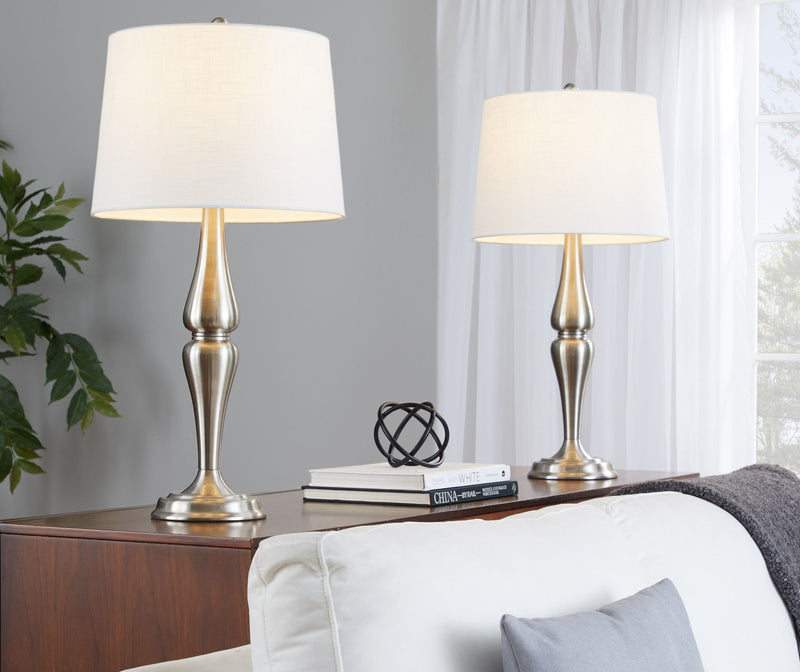 Lumi Source Sawyer contemporary table lamp set with nickel bases and white shades, modern lighting for living spaces.