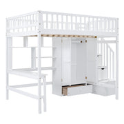 DreamHaus loft bed with integrated bookshelf, drawers, desk, and wardrobe, showcasing a modern multi-functional bedroom furniture piece.