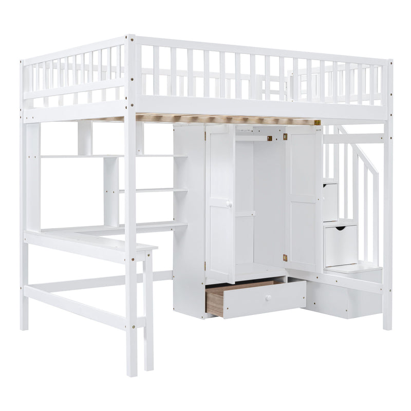 DreamHaus loft bed with integrated bookshelf, drawers, desk, and wardrobe, showcasing a modern multi-functional bedroom furniture piece.