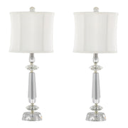 Set of two Lumi Source Karat contemporary crystal table lamps with clear crystal bases, chrome accents, and white softback shades.