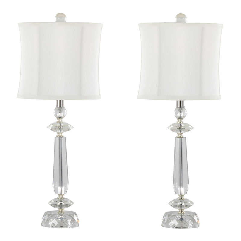 Set of two Lumi Source Karat contemporary crystal table lamps with clear crystal bases, chrome accents, and white softback shades.