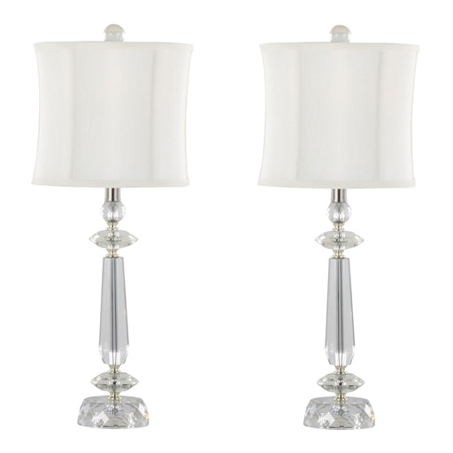 Set of two Lumi Source Karat contemporary crystal table lamps with clear crystal bases, chrome accents, and white softback shades.
