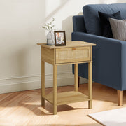 8th Street accent table with storage drawer and two tiers, natural wood finish, suitable as a nightstand or living room accent.