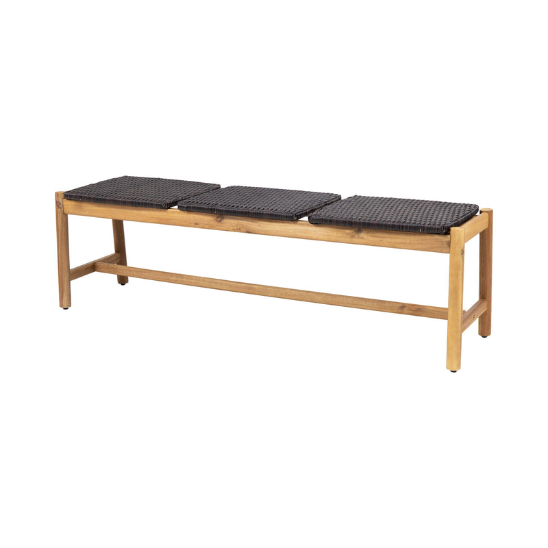Rustic teak 3-seater bench from Noble House, part of the Cambria collection, featuring sturdy wood construction and natural finish.