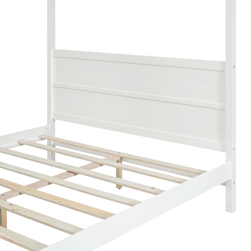 DreamHaus canopy platform bed with headboard and footboard, featuring slat support legs and a modern, sturdy frame.