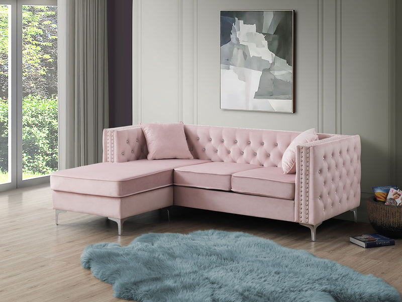 Glory Furniture Paige stationary sectional sofa with chaise, featuring plush cushions and modern design in a living room setting.