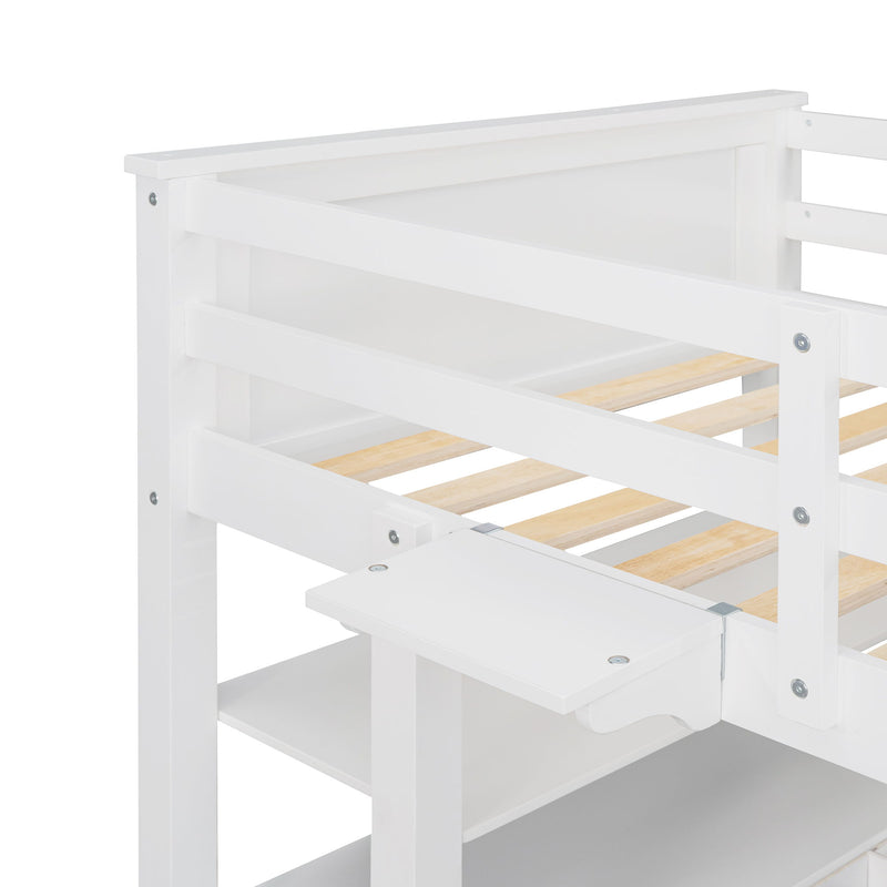 DreamHaus loft bed with built-in drawers, desk, and shelves, featuring a modern design for space-saving bedroom storage.