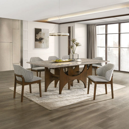 ACME Oleia dining table with engineered marble top, natural marble finish, and walnut legs, showcasing a modern dining room setting.