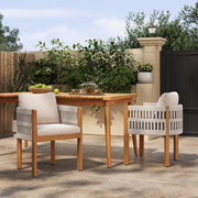 Set of two Noble House outdoor dining chairs with woven rope handles, featuring stylish and comfortable seating for outdoor dining.