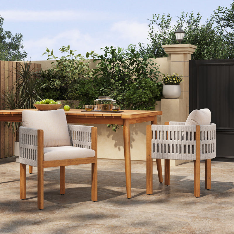 Set of two Noble House outdoor dining chairs with woven rope handles, featuring stylish and comfortable seating for outdoor dining.