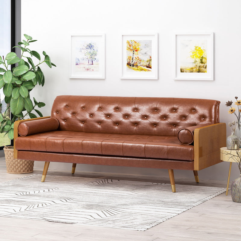 Adelaide - Mid Century Modern Tufted Sofa With Rolled Accent Pillows - Light Brown - R&R Furniture Gallery (Fountain Valley, CA)