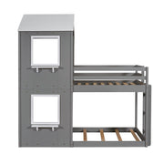 DreamHaus bunk bed with wooden frame, roof, window, guardrail, and ladder in a cozy bedroom setting