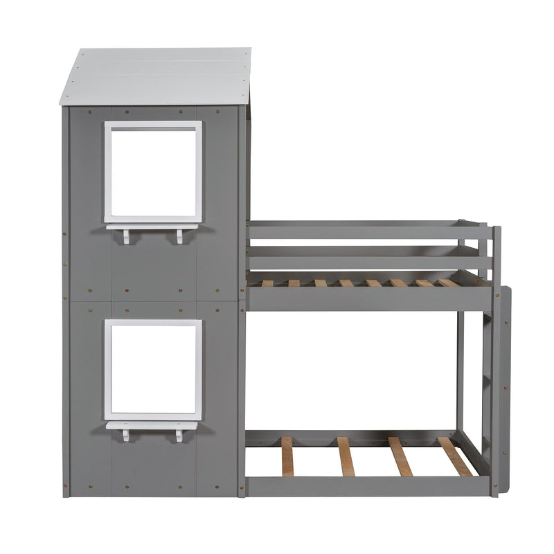 DreamHaus bunk bed with wooden frame, roof, window, guardrail, and ladder in a cozy bedroom setting