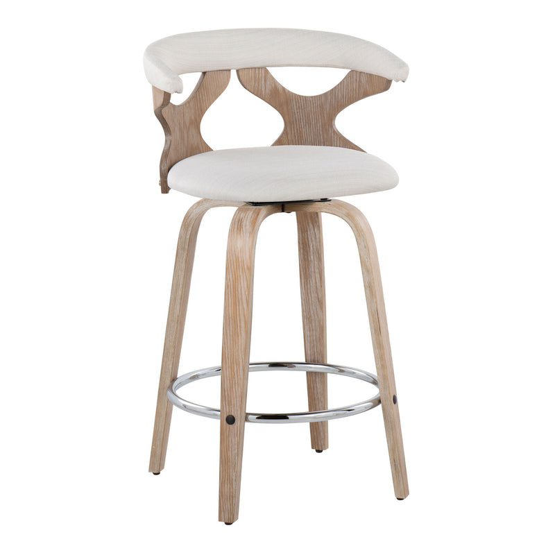 Lumi Source Gardenia mid-century modern counter stool set with swivel seats and wooden legs, shown in a natural wood finish.