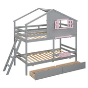 DreamHaus bunk bed with playhouse roof, window, and sturdy wooden frame, perfect for kids' bedrooms and imaginative play.