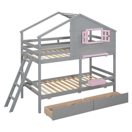 DreamHaus bunk bed with playhouse roof, window, and sturdy wooden frame, perfect for kids' bedrooms and imaginative play.