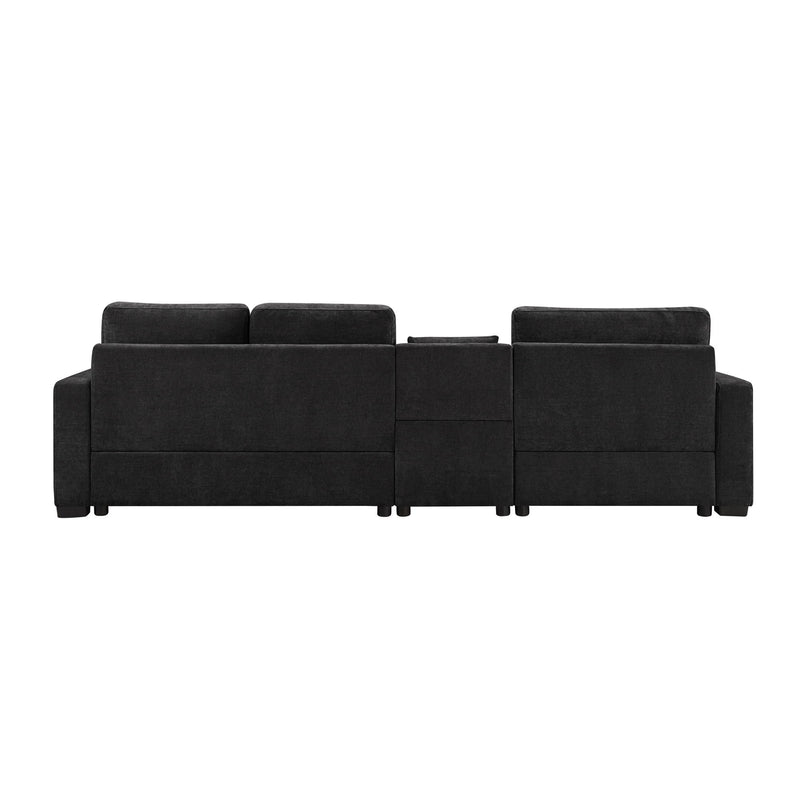 Noble House stationary modular sofa with storage armrest and center console, beige fabric, plush cushions, and modern design.