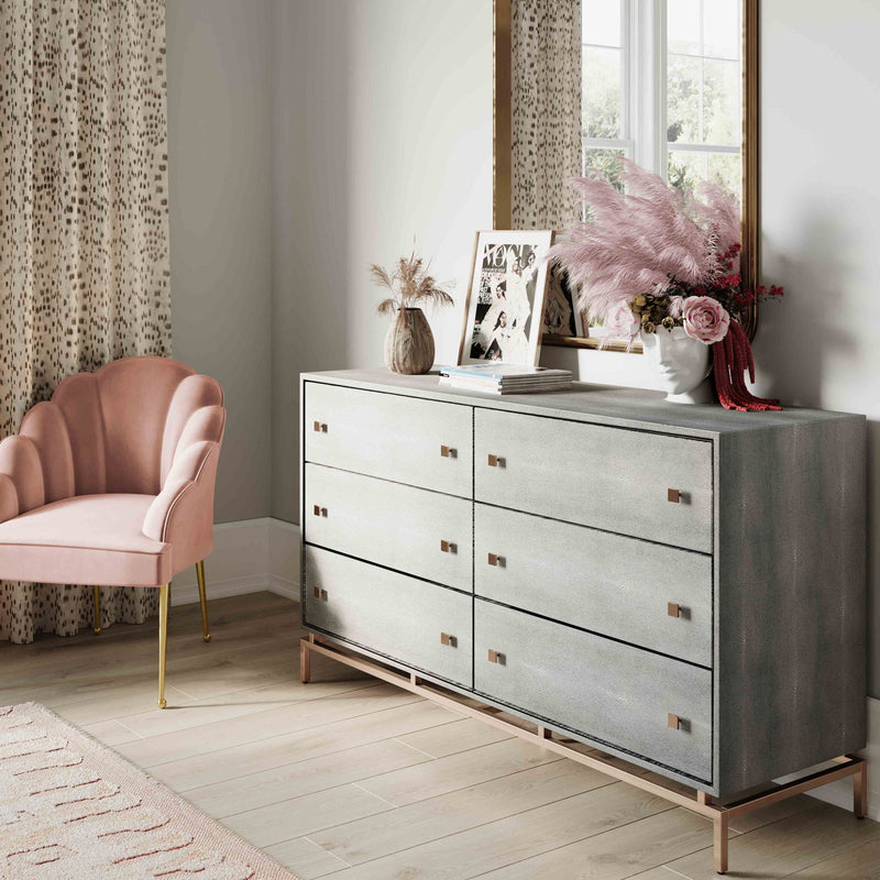 TOV Furniture Pesce 6-drawer dresser with sleek wood finish and modern design, featuring six spacious drawers for storage.