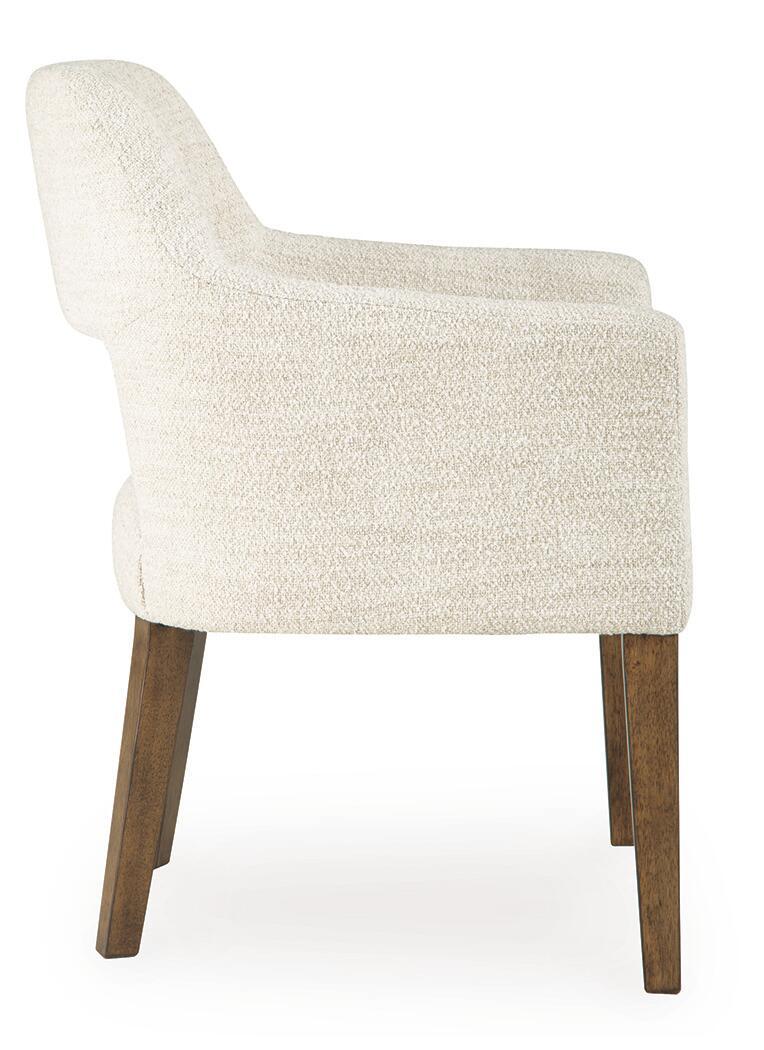 Set of two Benchcraft® Marxmore beige and brown upholstered dining arm chairs with padded seats and curved backrests.