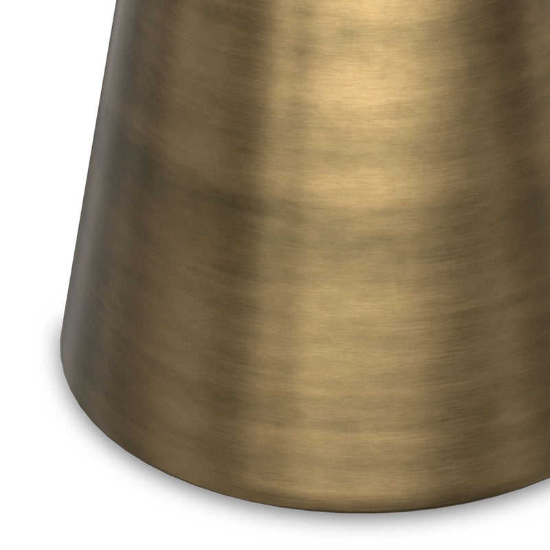 Leyla side table by Simpli-Home in antique brass with round top and sleek metal legs, ideal for living room or bedside use.