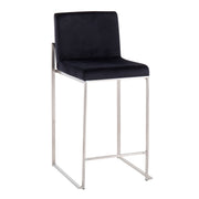 Lumi Source Fuji high back counter stool with contemporary design, wooden seat and metal base, suitable for modern kitchens or bars.