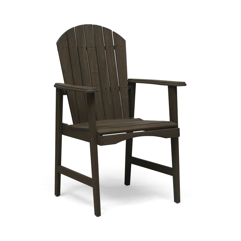 Two weather-resistant acacia wood Adirondack dining chairs by Noble House, outdoor patio furniture set with armrests.