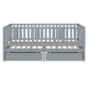DreamHaus storage daybed with fence guardrails and two drawers, split into a floor bed and daybed, shown with cozy bedding.