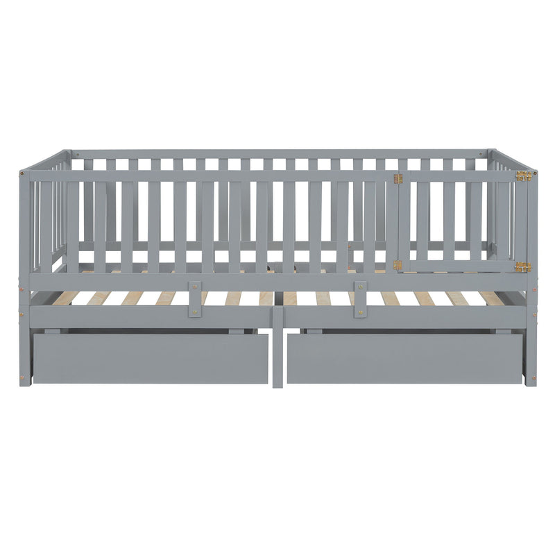 DreamHaus storage daybed with fence guardrails and two drawers, split into a floor bed and daybed, shown with cozy bedding.