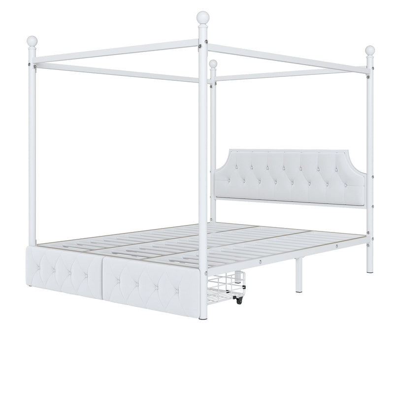 Queen Size Canopy Platform Bed With Upholstered Headboard And 2 Storage Drawers - White - R&R Furniture Gallery (Fountain Valley, CA)