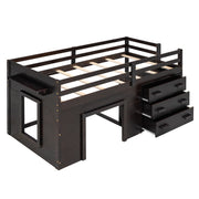 DreamHaus loft bed with integrated cabinet and shelf, showcasing a sturdy wooden frame, workspace, and storage options.