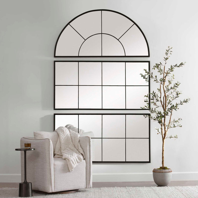 Uttermost Rousseau iron window arch mirror in black with a vintage arched design and decorative frame, wall-mounted decor.