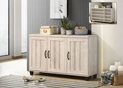 Lilola Home Corby oak finish 3-door shoe cabinet in dusty gray with sleek wood grain design and modern storage compartments.