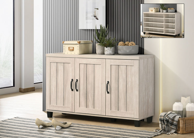 Lilola Home Corby oak finish 3-door shoe cabinet in dusty gray with sleek wood grain design and modern storage compartments.