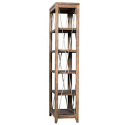 Dark brown Delancey Weathered Oak Etagere by Uttermost with multiple shelves and a rustic, weathered finish for stylish storage.