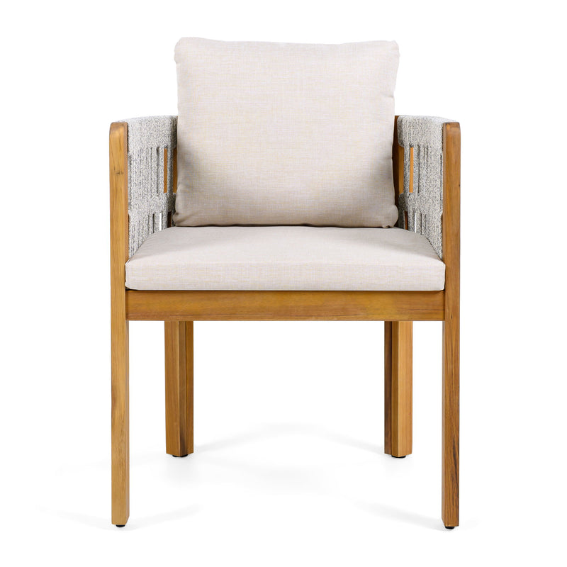 Set of two Noble House outdoor dining chairs with stylish mix rope handles, perfect for patio or garden seating.