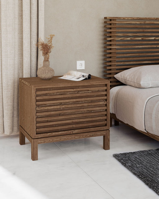 Modus Tanner two-drawer ash wood nightstand in Roux finish with sleek design and modern hardware.