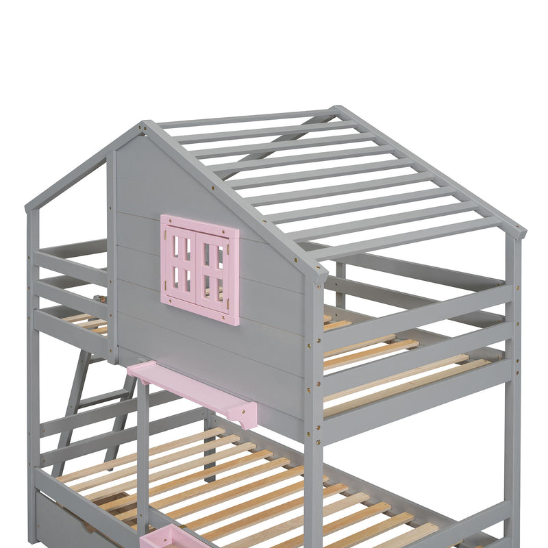 DreamHaus bunk bed with playhouse roof and window, featuring a sturdy design and fun, functional play area for kids.