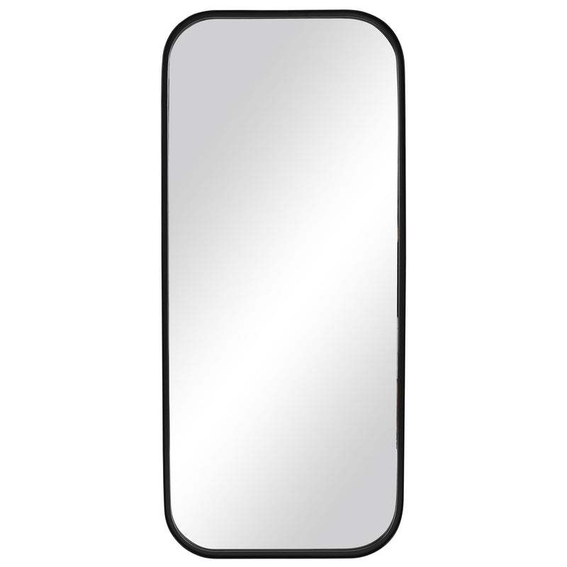 Uttermost Concord tall iron wall mirror in black with a sleek, modern frame reflecting a contemporary interior.