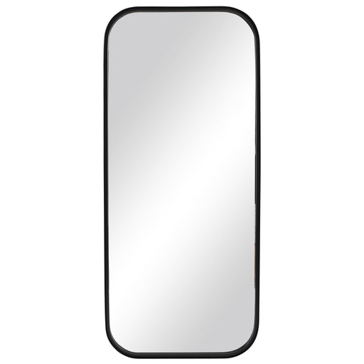 Uttermost Concord tall iron wall mirror in black with a sleek, modern frame reflecting a contemporary interior.