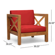 Noble House Brava mid-century modern arm chair with water-resistant cushions, featuring plush seating and stylish wooden legs.