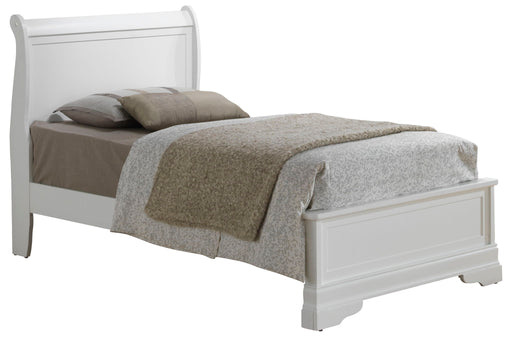 Glory Furniture sleigh bed with low footboard, wooden frame and elegant curved headboard in a classic bedroom setting.